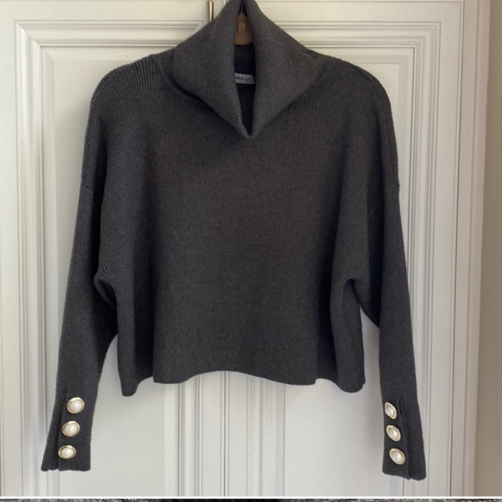 Zara Gray Sweater Faux Pearl Buttons
